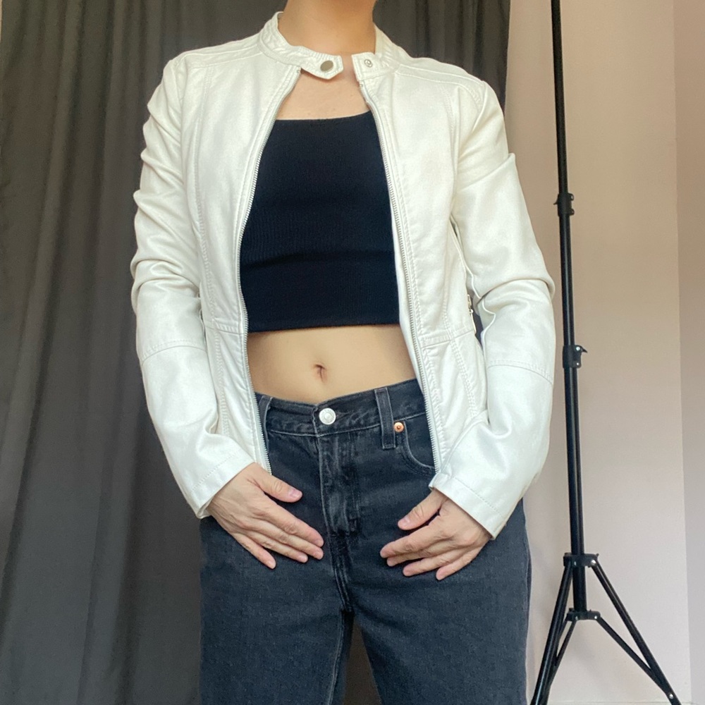 Le Chateau White Faux Leather Bomber Jacket